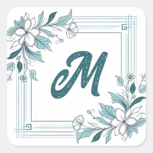Sticker Carré Monogramme vert et blanc floral moderne minimal