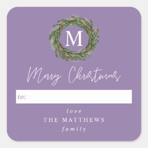 Sticker Carré Monogramme violet à couronne Joyeux Noël