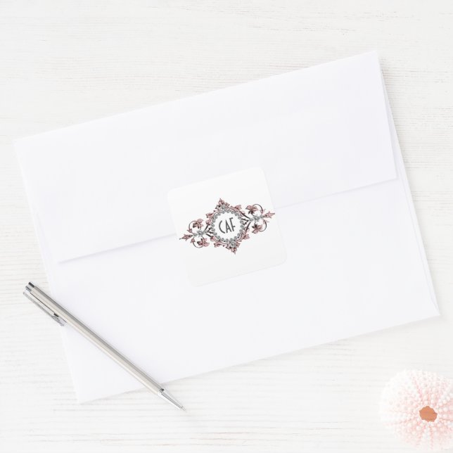 Sticker Carré Monogrammes Initiales Argent rose Gris Enveloppe P (Enveloppe)