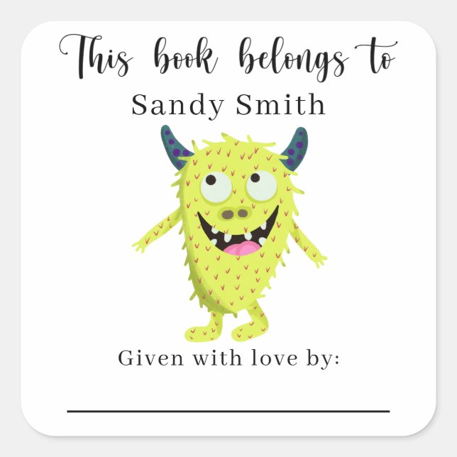 Sticker Carré Monster - Ce livre appartient avec message (Devant)