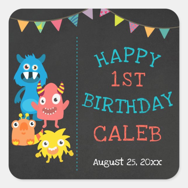 Sticker Carré Monster Chalkboard Premier anniversaire Baby Boys (Devant)