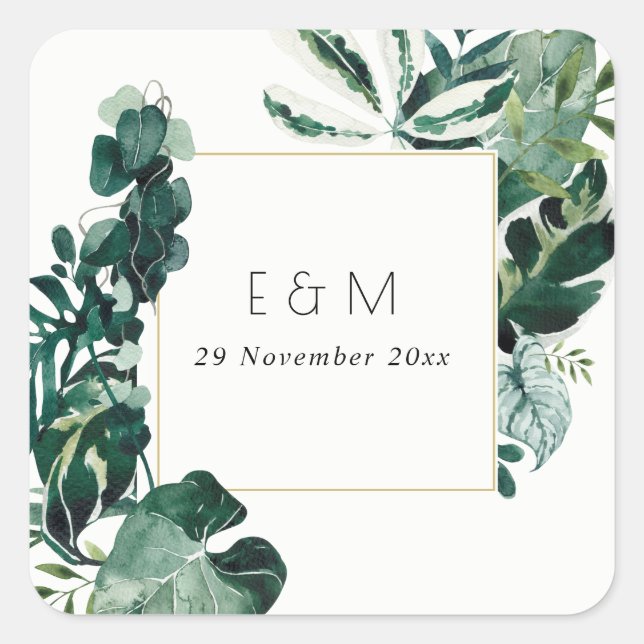 Sticker Carré Monstère Tropical Green Foliage Monogramme Mariage (Devant)