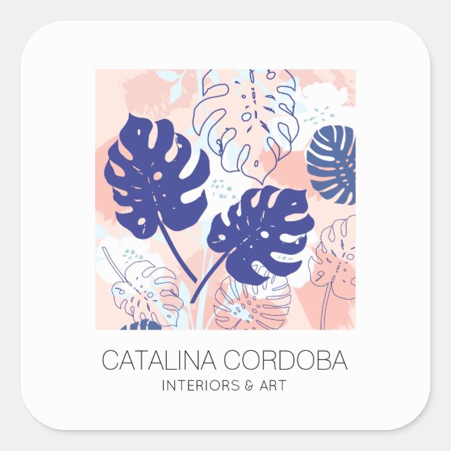 Sticker Carré Monstère Tropicale Moderne Motif feuille Pêche/Ble (Devant)