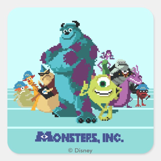 Sticker Carré Monsters Inc 8Bit Mike, Sully, et Gang (Devant)