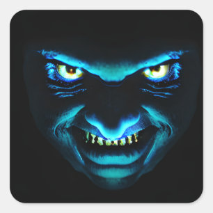 Sticker Carré Monstre d'horreur face bleu brillant
