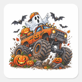 Sticker Carré Monstre Halloween camion citrouille fantôme conduc