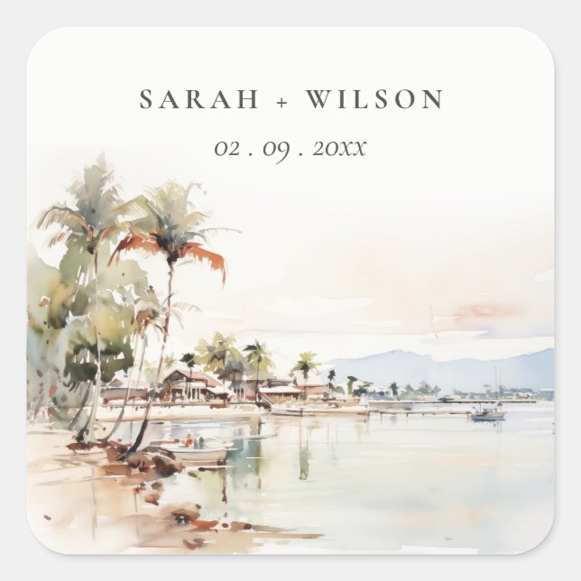 Sticker Carré Montego Bay Jamaïque Mariage de paysage aquarelle (Devant)