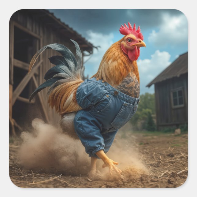 Sticker Carré Monter le coq dans une ferme poussiéreuse (Devant)
