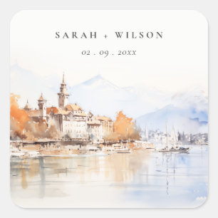 Sticker Carré Montreux Suisse Paysage Aquarelle Mariage