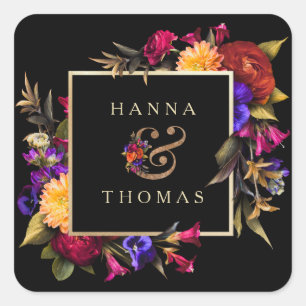 Sticker Carré Moody foncé Automne Mariage Floral Merci