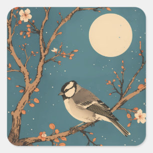Sticker Carré Moonlit Bird on Blossom Branch