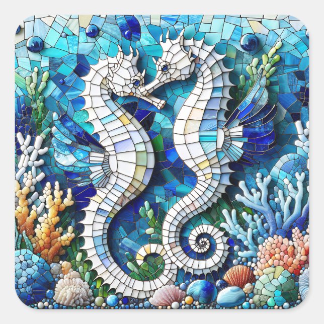 Sticker Carré Mosaic Seahorses Plage romantique (Devant)