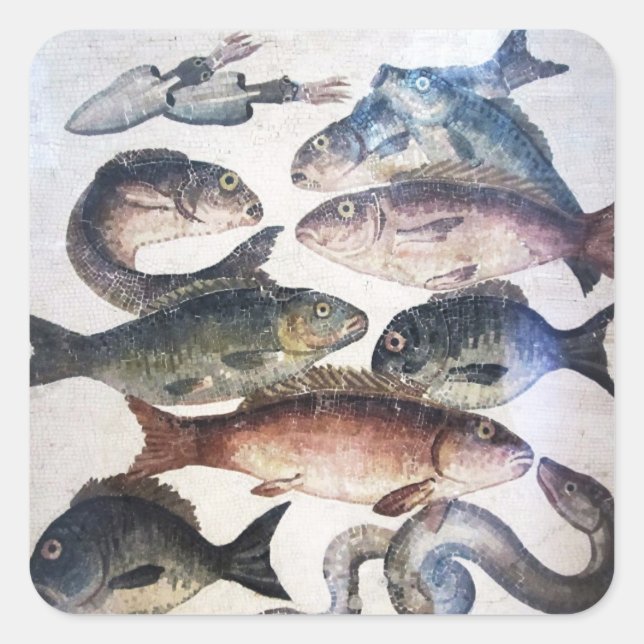 STICKER CARRÉ MOSAÏQUES ROMAINES ANTIQUES, POISSONS, ESPACE DE V (Devant)