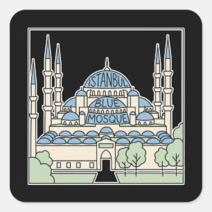Sticker Carré Mosquée Bleue Istanbul Doodle Minimaliste