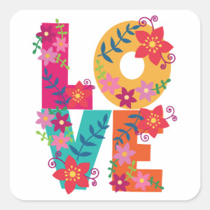 Sticker Carré Mot amour coloré décoré de fleurs