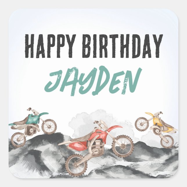 Sticker Carré Moteur Dirt Vélo Fast Un 1er anniversaire fête (Devant)