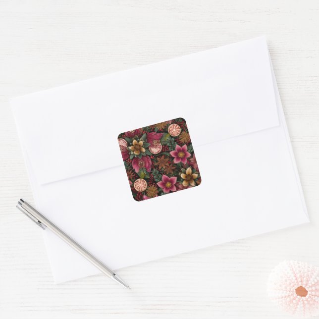 Sticker Carré Motif botanique floral et épices de Noël (Enveloppe)