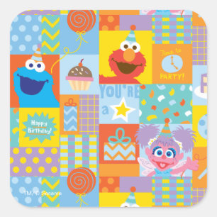 Sticker Carré Motif d'anniversaire Elmo, Abby et Cookie Monster