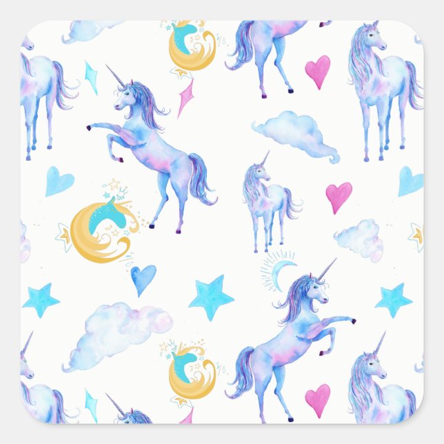 Sticker Carré Motif d'aquarelle magique Unicorn Design Imaginair (Devant)