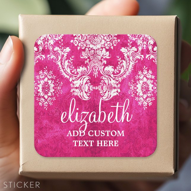 Sticker Carré Motif de Damas de Grunge rose chaud Texte personna (Custom Sticker - Personalize with your info for a party favor or gift)