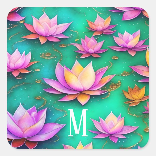 Sticker Carré Motif de fleurs de lotus rose et blanc (Devant)
