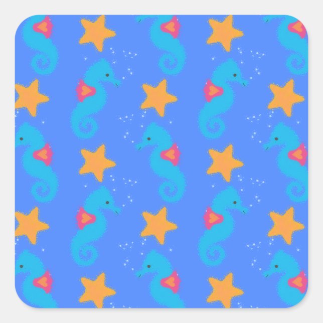 Sticker Carré Motif De Seahores Bleues Et De Starfish (Devant)
