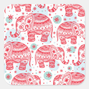 Sticker Carré Motif d'éléphant ethnique rouge