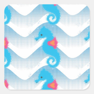 Sticker Carré Motif Des Chevaux De Mer Et Des Vagues Bleues