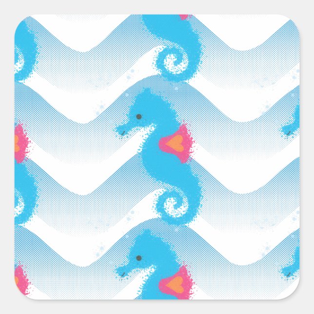 Sticker Carré Motif Des Chevaux De Mer Et Des Vagues Bleues (Devant)