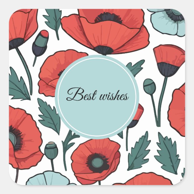 Sticker Carré Motif d'illustration des fleurs de coquelicots rou (Devant)