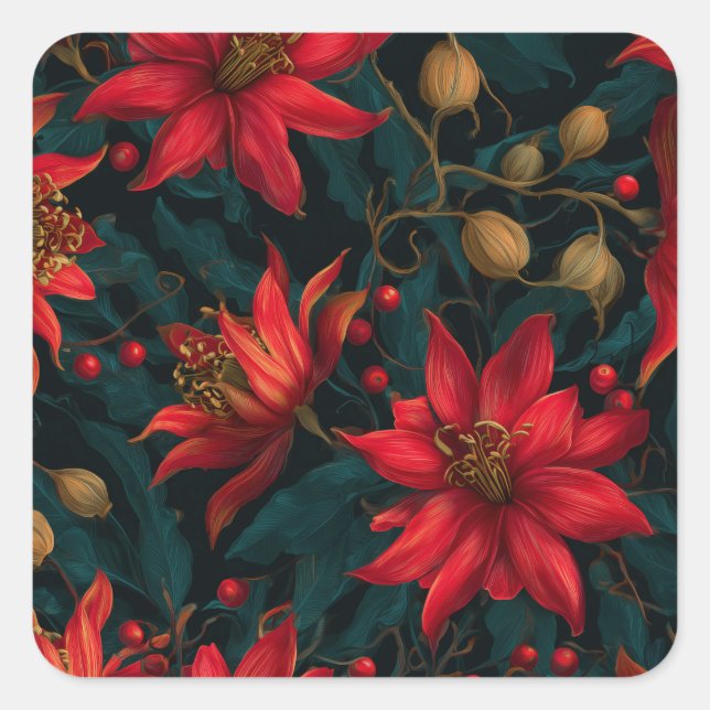 Sticker Carré Motif floral de Noël rouge foncé (Devant)