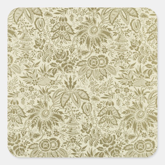 Sticker Carré Motif Floral Vert Sage Antique Damas (Devant)