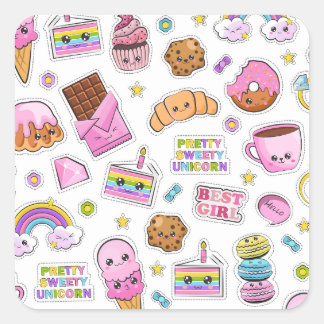 Sticker Carré Motif Funny Unicorn Magique Arc-en-ciel mou