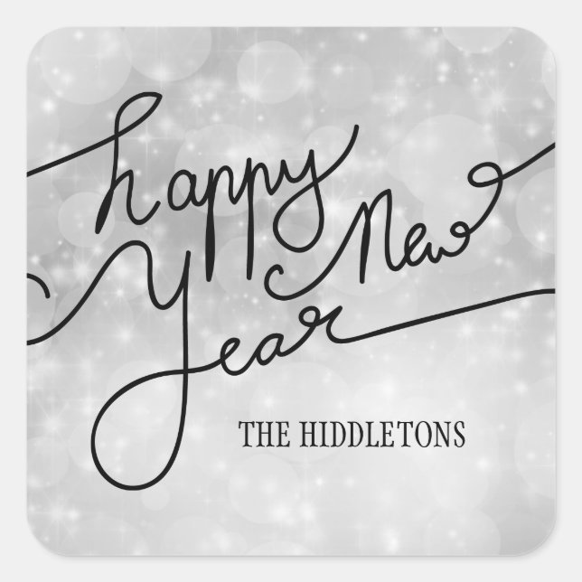 Sticker Carré Motif moderne Silver Bokeh Joyeux Script de Nouvel (Devant)