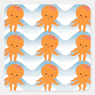 Sticker Carré Motif Octopus Orange Et Vagues Bleues