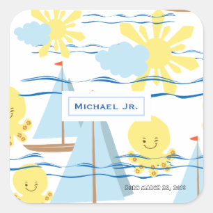 Sticker Carré Motif pour enfants ensoleillés, bateau, pieuvre e