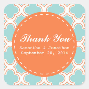 Sticker Carré Motif Quatrefoil Aqua et Merci Mariage Orange