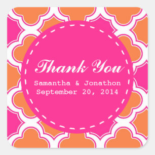 Sticker Carré Motif Quatrefoil rose et Merci orange