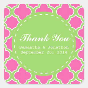 Sticker Carré Motif Quatrefoil rose et Merci vert