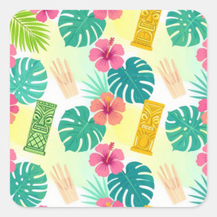 Sticker Carré Motif Tiki Hawaïen Tropical pour Mariage Fêtes