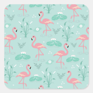 Sticker Carré Motif vert Flamants roses rose Pastel