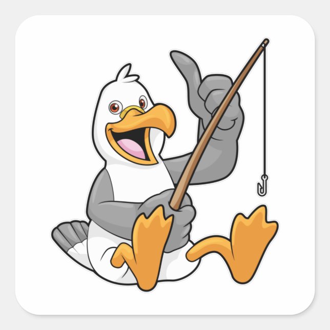 Sticker Carré Mouette à pêche avec bâton de pêche (Devant)