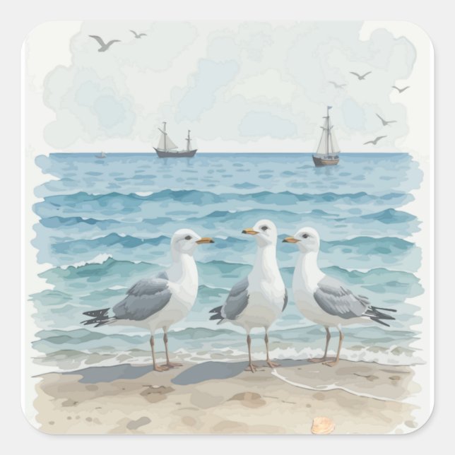 Sticker Carré Mouettes d'aquarelle à la plage Océan côtier (Devant)