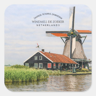 Sticker Carré Moulin à vent de Zaanse Schans Aquarelle Patrimoin