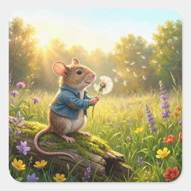 Sticker Carré Mouse Blowing Dandelion Seedlings (Devant)