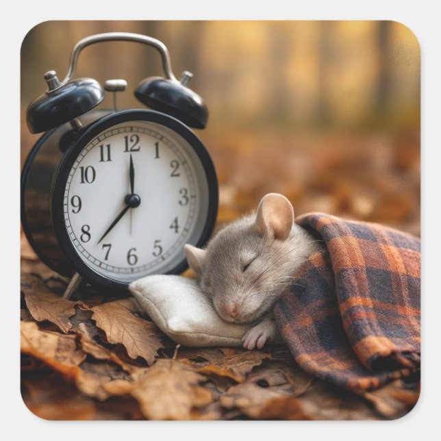 Sticker Carré Mouse Sleeping By an Alarm Clock (Devant)