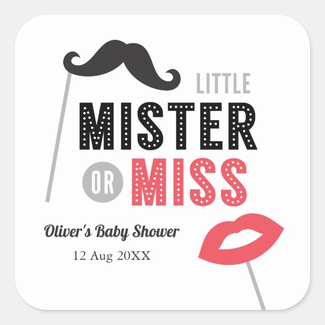 Sticker Carré Moustache Et Lèvres, Mister Ou Miss Baby shower (Devant)