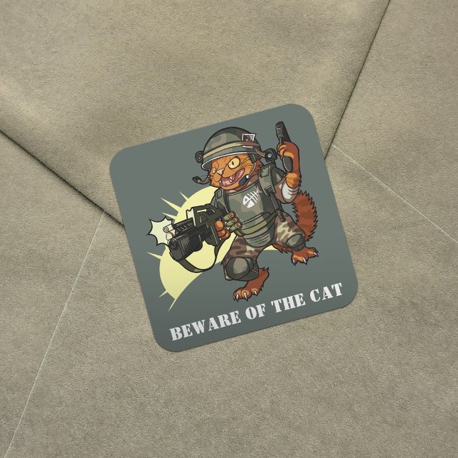 Sticker Carré Moyenne Sci-fi Marine Ginger Chat Tir Gun Dessin (Créateur téléchargé)