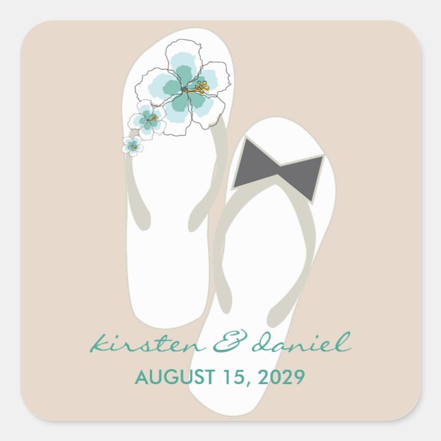 Sticker Carré Mr & Mrs Blue Hibiscus Flip Flops Plage Mariage (Devant)