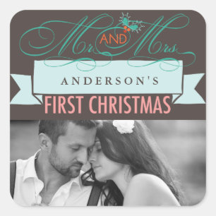Sticker Carré Mr & Mrs First Christmas Mistletoes Mariage photo